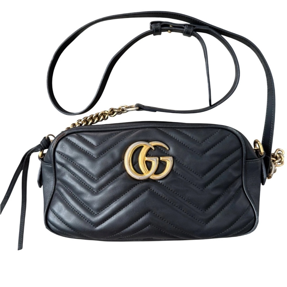 Gucci Marmont Matelasse Camera Bag Black Leather Gold GG Logo Crossbody